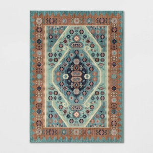 blue, coral, and green rug 