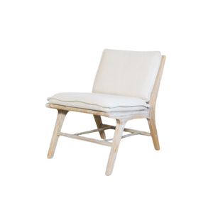 low linen chair with light wood body frame