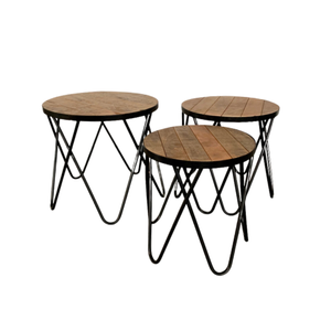 set of three wood and black end tables 
