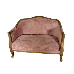 lavender velvet settee with wood trim and legs 