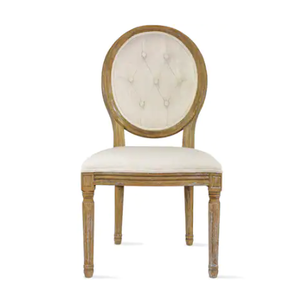 tan tufted dining chair with wood trim 