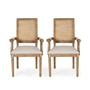 square cane back dining chair with wooden arms 