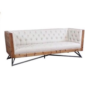 linen sofa with wood surround and black metal legs 