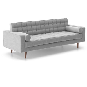 gray tufted mid-century sofa 