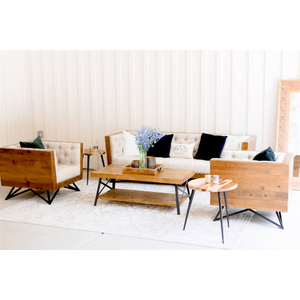 Linen industrial sofa with two industrial linen chairs