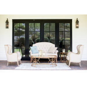 Linen settee with two linen chairs, gold coffee and side tables 