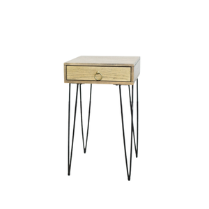 wood end table with black hairpin legs 