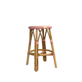 French bistro counter stools with woven white and pink plastic seating and bamboo legs 