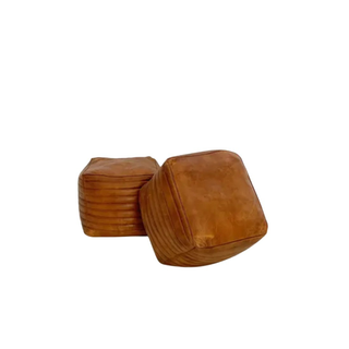 Cubed butterscotch tan leather pouf with stitched padded sides