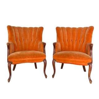 Vintage orange velvet chaits with channel back and curved wooden legs