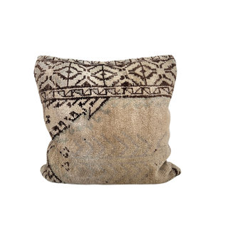 Turkish rug vintage floor pillow with blue and brown details.