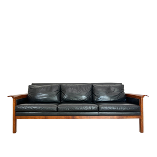Mid-century, black leather, sofa

