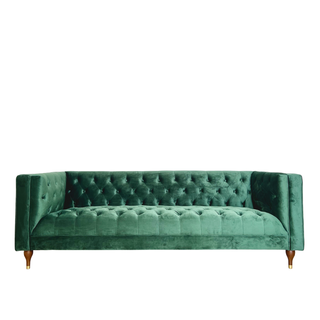 Green, velvet, tufted sofa
