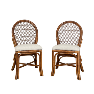 Vintage rattan chairs with linen seat covering