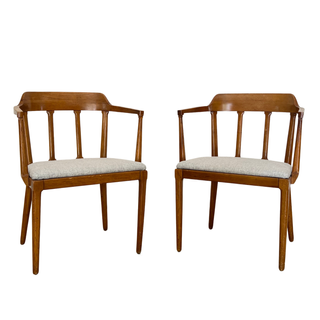 Mid-century chairs in medium wood with grey tweed upholstered seats