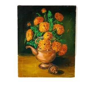 Vintage orange mums in a copper teapot original artwork