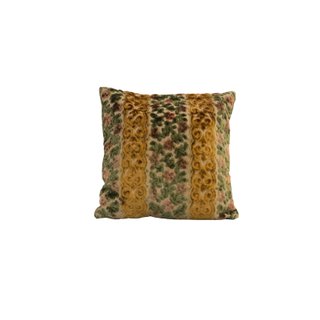 Vintage pillow dressed in ornate green, dusty rose, and dijon detail