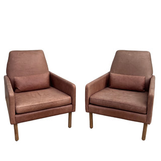 Brown leather chairs with wooden peg legs