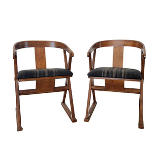 Striped upholstered chairs with walnut wooden frame
