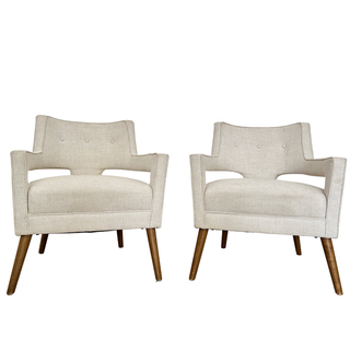 Cream and beige houndstooth printed mid-century styled chairs