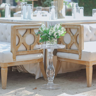 Acrylic side table uses for outdoor wedding reception at Pebble Hill Plantation.