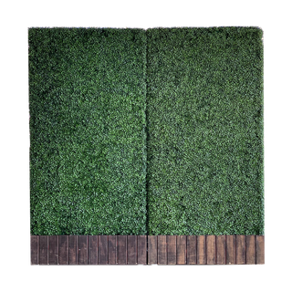 Large artificial green boxwood wall with wooden base