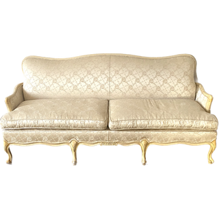 Vintage ivory brocade sofa with ivory wood trim