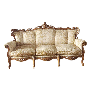 Vinatge beige brocade victorian sofa with light wood filigree trim