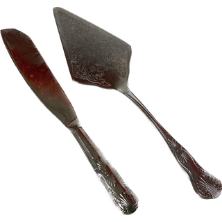 Silver cake cutting set etched with floral design