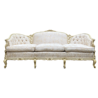 Vintage white damask victorian sofa with white and gold wood trim