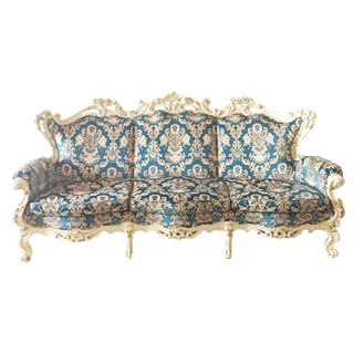 Vintage victorian teal and yellow brocade sofa with filigree white wood trim