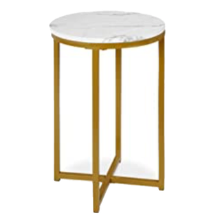 Small round modern side table with gold legs and faux marble top