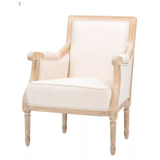linen chair with square back and wood trim