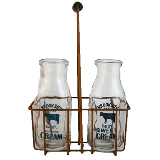 Vase: Clear Glass Milk Bottles in Carrier 9"