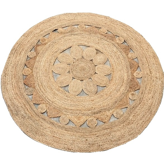 Boho rattan round ivory beige rug with wood side table in the middle of two peacock chairs where two people sit. 