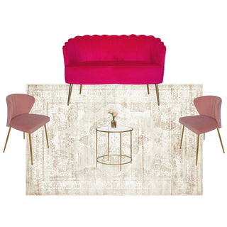 lounge set with pink modern loveseat with a gold round coffee table with modern pink chairs on either side of the coffee table on beige ivory rug.