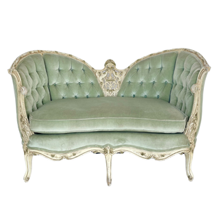 Vintage velvet tufted sage green loveseat with white distressed wood accents