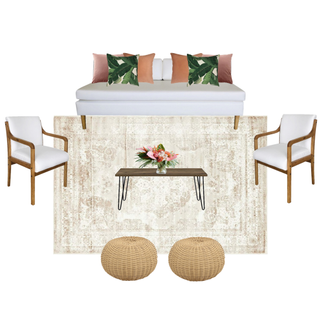 lounge set with ivory beige sofa with pillows and a wood rectangular coffee table with wood and white chairs on either side of the coffee table on a beige ivory colored pattern rug with rattan pouffs on the edge of it. 