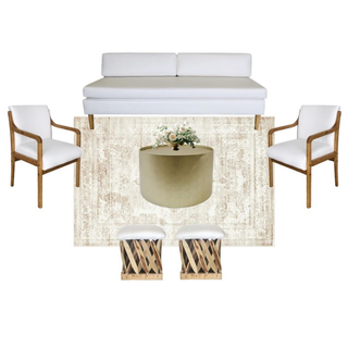 lounge set with ivory beige sofa with a gold round coffee table with wood and white chairs on either side of the coffee table on a beige ivory pattern rug with ottoman on the edge of it.