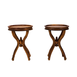 pair of round wooden end tables