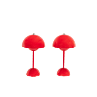 pair of red tabletop lamps available to rent for events