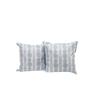 pair of blue floral striped pillows available to rent for events