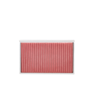 white shadowbox bar with pink velvet upholstered insert and white top