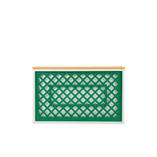 white shadowbox bar with green lattice insert and light wood top 