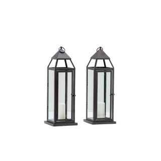 pair of medium sized black metal and glass lanterns