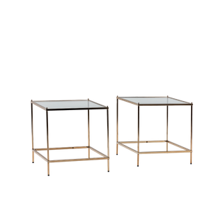 pair of large contemporary gold and glass end tables 