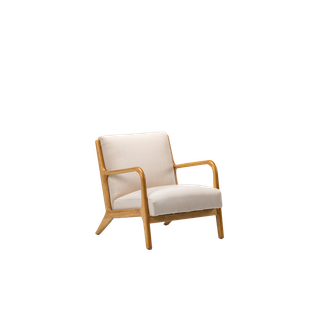 neutral upholstered chair with light wood frame