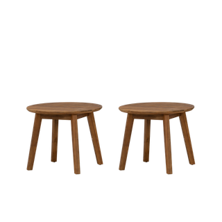 pair of round wooden end tables with 4 wooden legs 