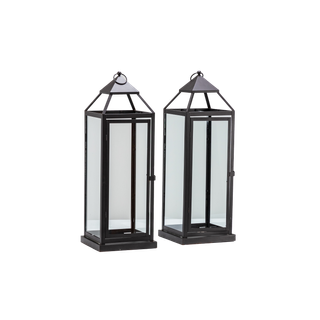 pair of large black metal and glass lanterns