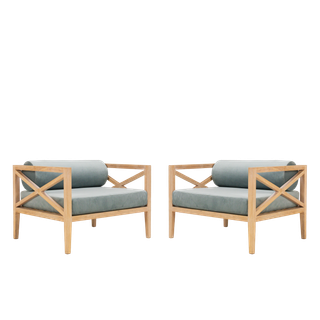 back view of pair of light wood armchairs with dusty blue velvet cushions as event rentals